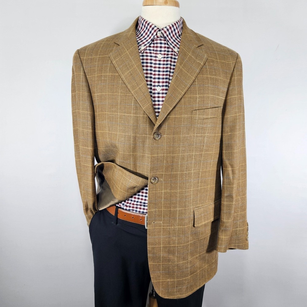 Pronto Uomo Men's Sport Coat Blazer Three Button Brown Plaid Silk Linen Wool 43R